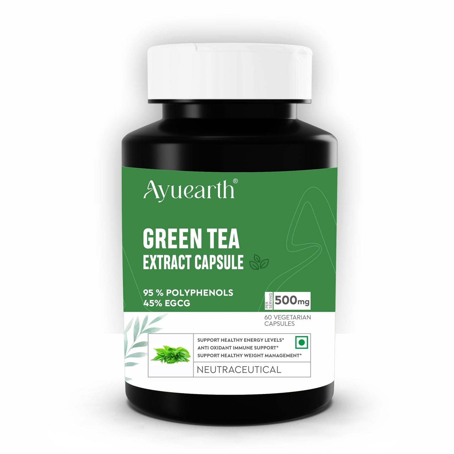 Ayuearth Green Tea Extract Capsule 500mg | 95% Plyphenols, 45% EGCG Extract | Camellia Sinessis | Anti Oxidant | 60 Veg Capsule