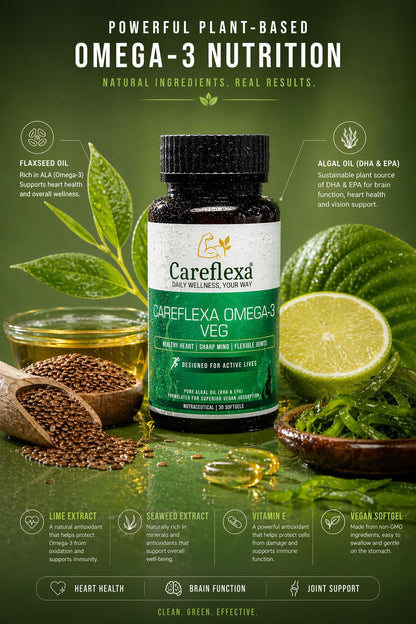 CareFlexa Omega-3 Veg 30 Softgels 1200mg | Algal Oil & Flaxseed Formula | Heart, Brain & Joint Support | Muscle Recovery & Stamina Booster | 30 Vegetarian Softgels