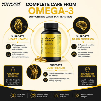 Vitamuch Omega-3 Fish Oil Capsules | EPA 180mg + DHA 120mg | Supports Heart, Brain & Joint Health | Deep Sea Fish Oil | 60 Softgel Capsules