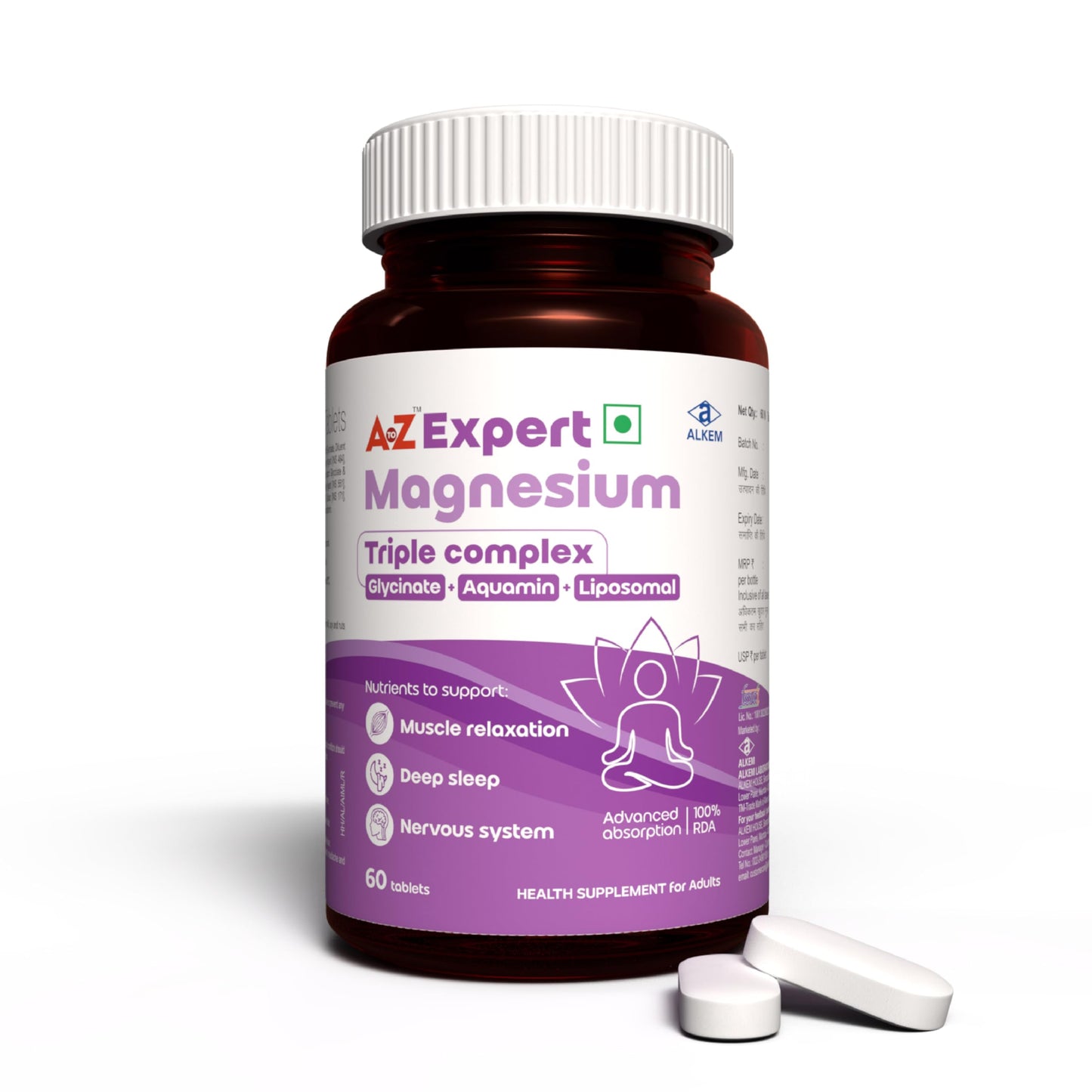 A to Z Expert Magnesium Triple Complex with 440 mg Elemental Magnesium | Liposomal Oxide, Glycinate & Aquamin| Supports Sleep, Stress Relief, Muscle Recovery & Energy | High Absorption | 60 Tablets
