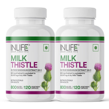 INLIFE Milk Thistle 800mg Silymarin, Silybum Marianum Extract 25:1, Liver Health & Detox Function, Men Women, 120 Veg Capsules (Pack of 2)