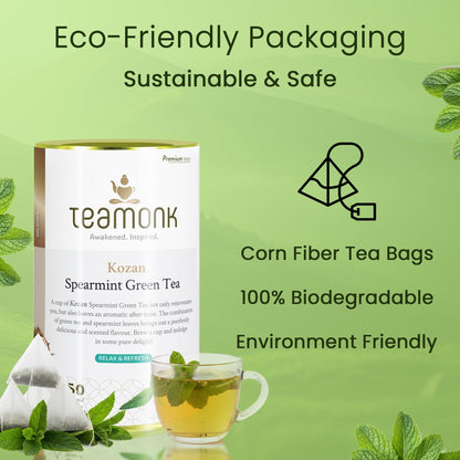 Teamonk Kozan High Mountain Spearmint Green Tea (50 Biodegradable Pyramid Bags) | Premium PCOS Tea For Women | Rectifies Hormonal Balance, Acne & Facial Hair | Helps Stress Relief & Memory