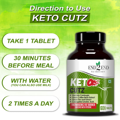 End2End Nutrition Keto Cutz fat burner with Garcinia Cambogia, Green Tea, Green Coffee Bean | Weight Loss Product for Men and Women - 60 Tablets