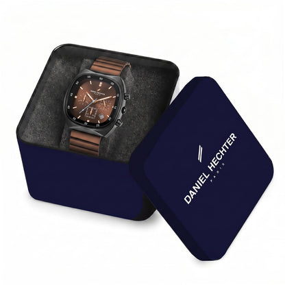 Daniel Hechter Paris Bercy Collection Modern Multi Functional Watch for Men with Square Dial and Stainless Steel Strap (Dial:Brown,Strap:Brown, Stainless Steel)