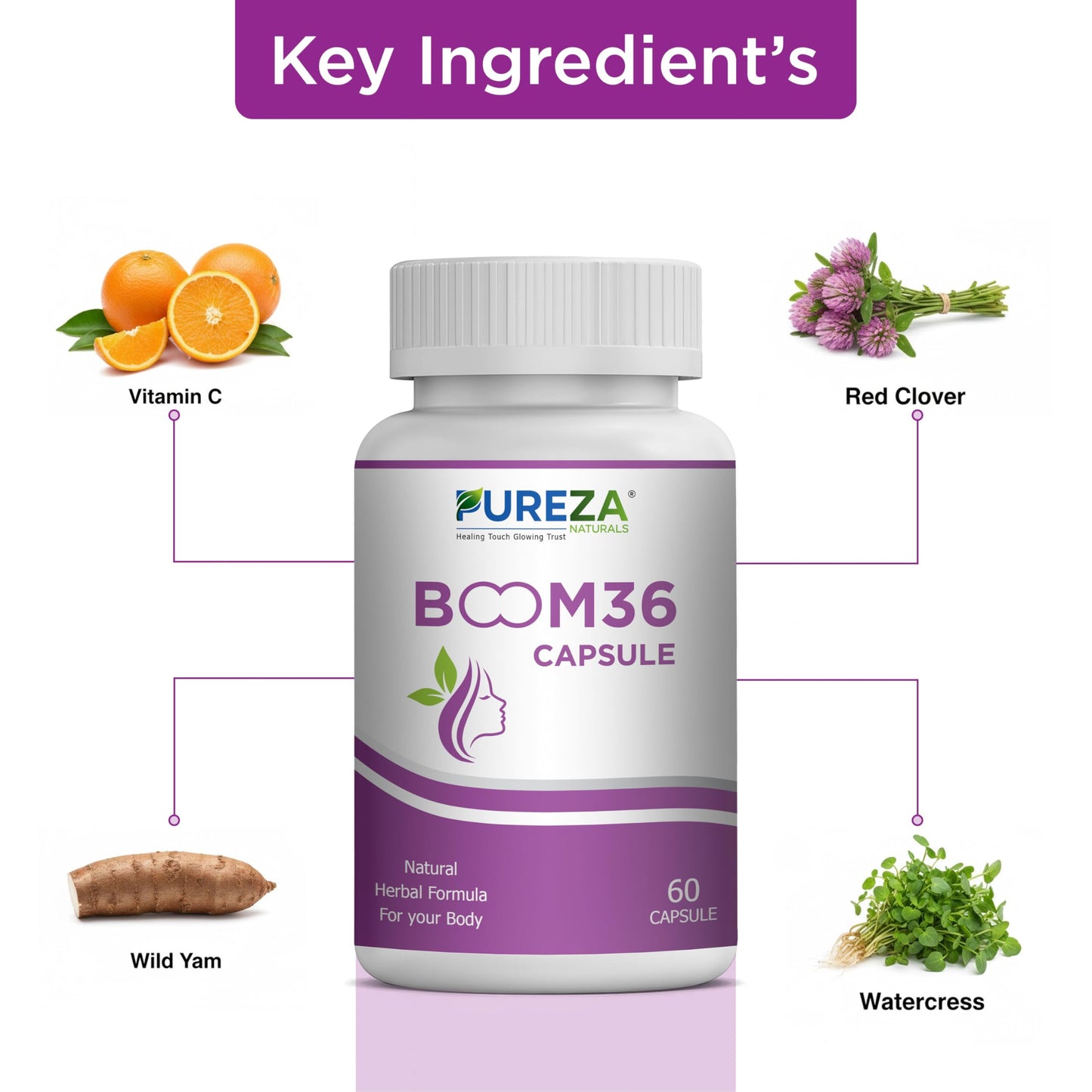Pureza Naturals BOOM36 Capsule – Natural Herbal Formula for Women’s Wellness & Body Support, Advanced Ayurvedic Supplement, 60 Capsules Bottle for Daily Health Care & Complete Nutritional Support