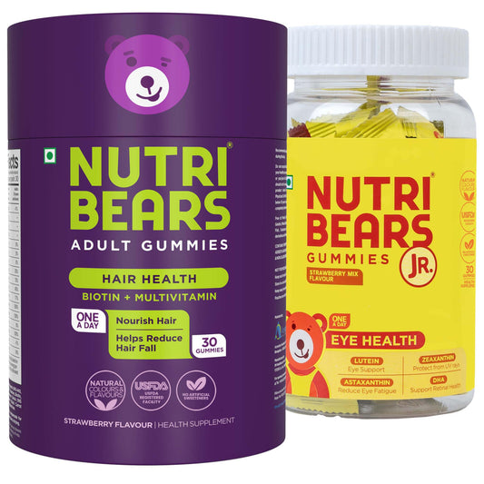 NutriBears Kids Eye Health and Biotin Hair Gummies for Women & Men Combo, Lutein and Zeaxanthin for Ocular Support, Nourishing Anti-Loss Supplement for Thinning, Weak, or Brittle Hair, 60 Gummy Bears