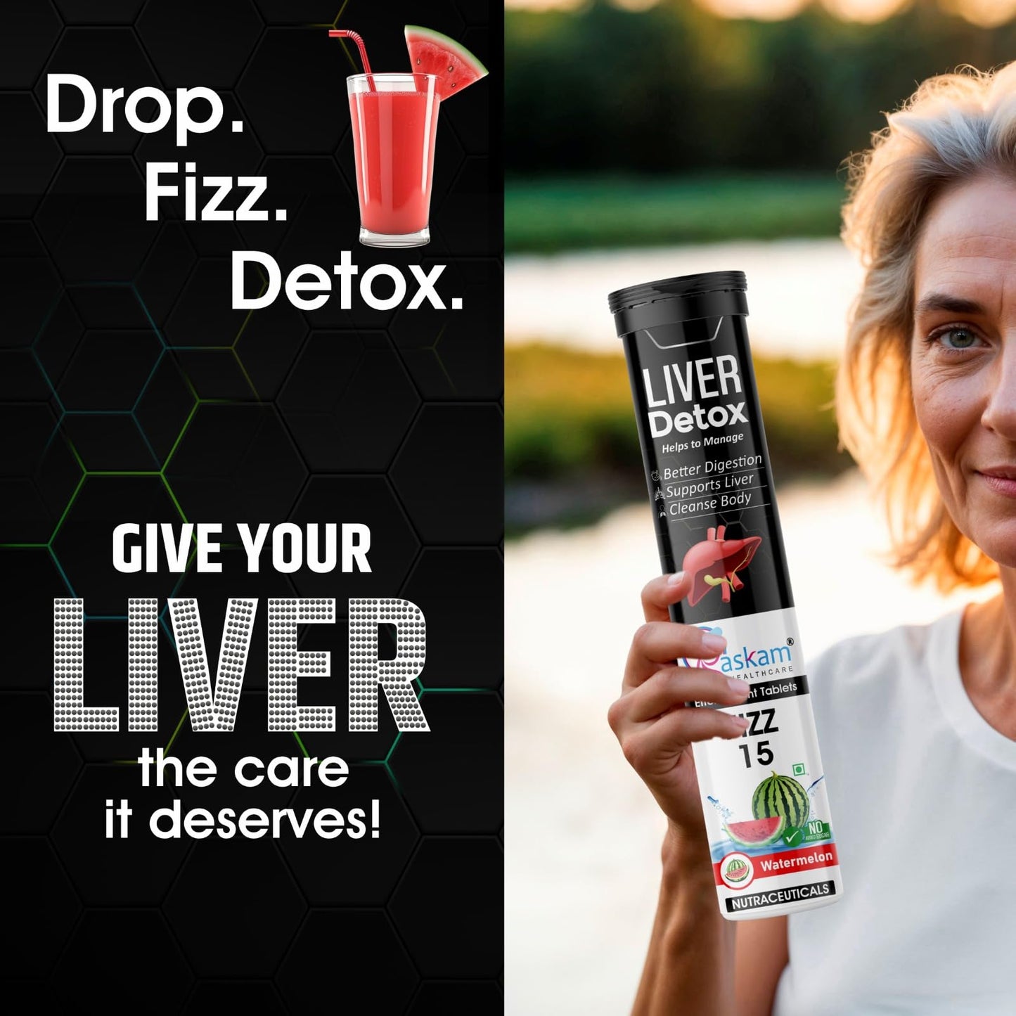 Raskam Liver Detox Effervescent – Plant-Based Detox with 9 Ayurvedic Herbs | Sugar-Free | Refreshing Watermelon Flavor | Drop, Fizz, Sip | Fizz 15 Tablets Pack of 2