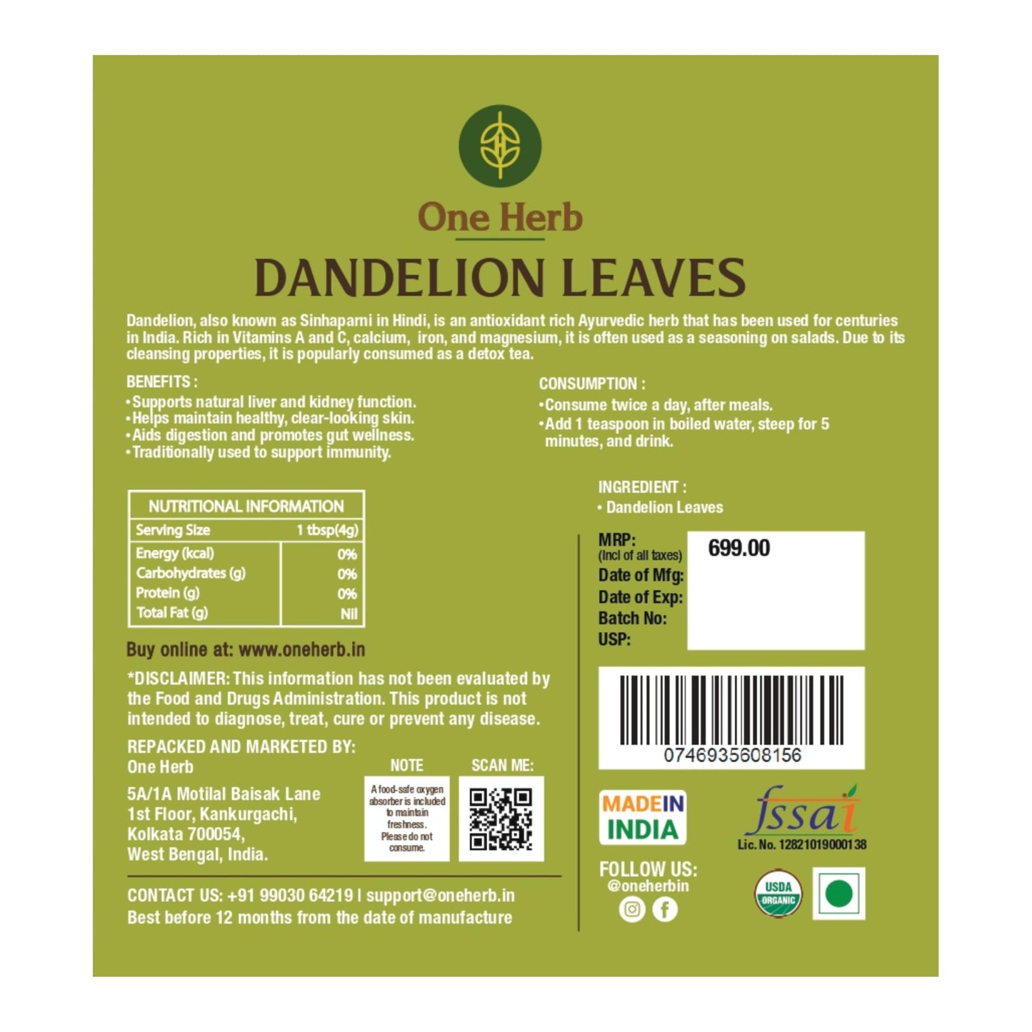 One Herb - Dandelion Leaves Tea 100g | Naturally Dried Dandelion Leaf | Single Ingredient Herbal Tea Infusion | Loose Leaf for Brewing