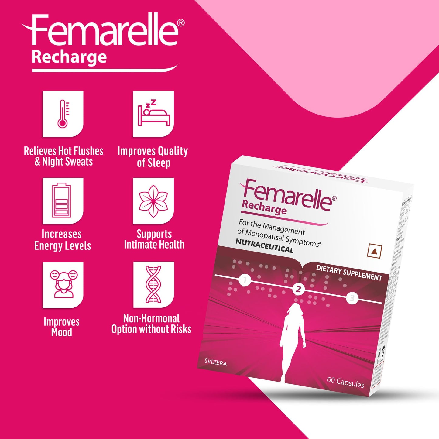 Femarelle Recharge | 50-59+ Women Menopause Supplements; 40+ Countries | DT56a Clinically-Proven | Menopause Symptoms, Mood Swings, Hot Flashes | 60 Capsules (1 Month Usage)