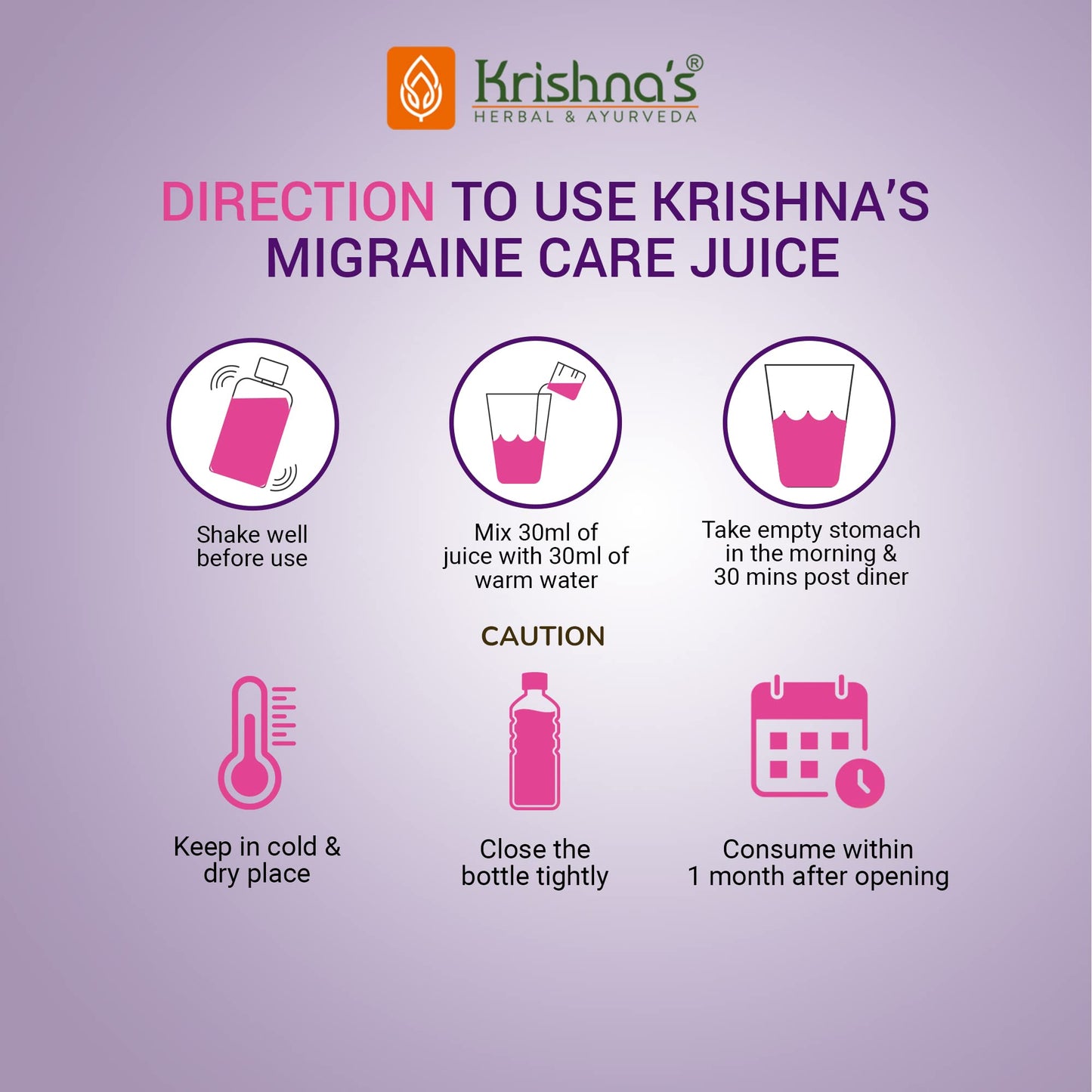 Krishna's Migraine Care Juice - 500 ml | (Pack of 2) | Natural Migraine Reliever | Perfect Blend of Sonth, Pippali, Ajmod & 6 other herbs