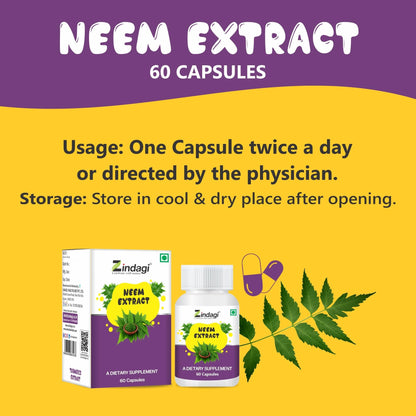 Zindagi 100% Pure Neem Extract Capsules - Dietary Supplement - Anti Bacterial Properties 60 Capsules (Pack of 3)