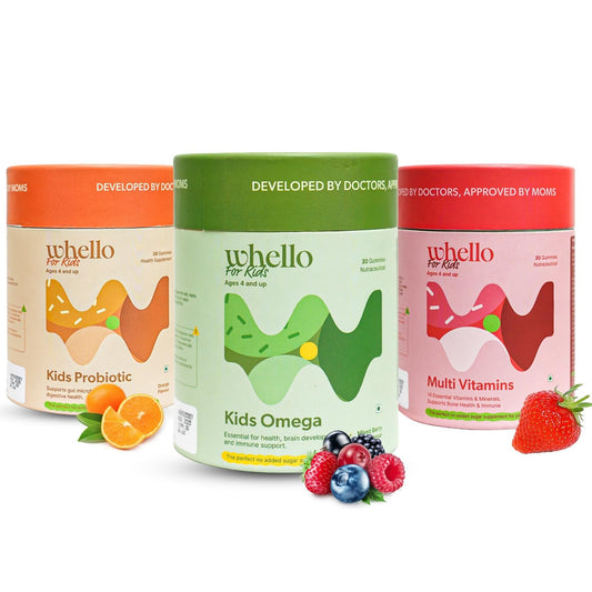 WHELLO Kids Nutrition Gummy Combo – Probiotic, Multivitamin & Omega-3 Gummies for Kids | Supports Immunity, Gut Health & Brain | Vegan, Tooth-Friendly | 90 Gummies