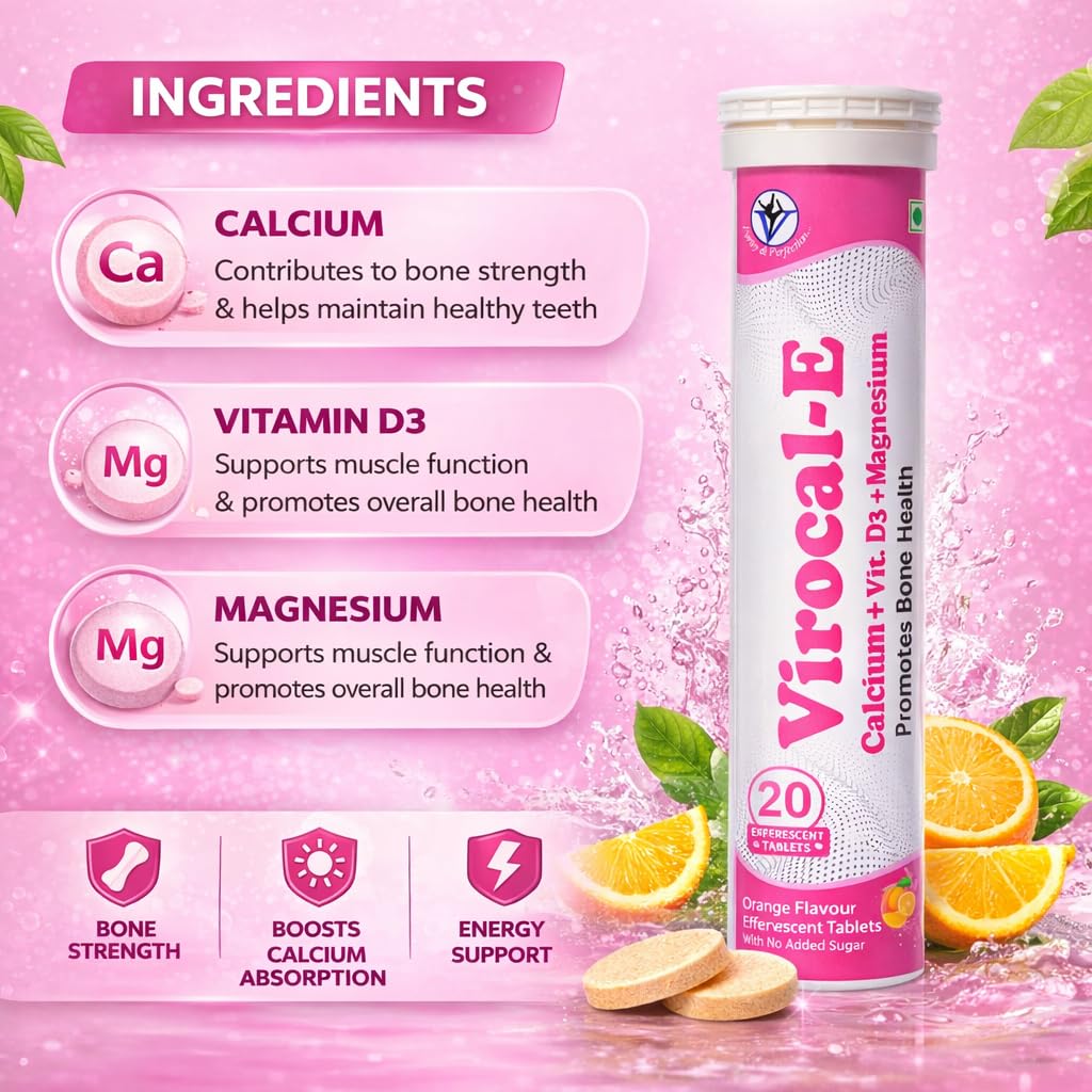 Virgo Healthcare Virocal-E Calcium + Vitamin D3 + Magnesium Effervescent Tablets | Orange Flavour | Bone Health Support | Muscle Strength & Immunity Support | 20 Effervescent Tablets