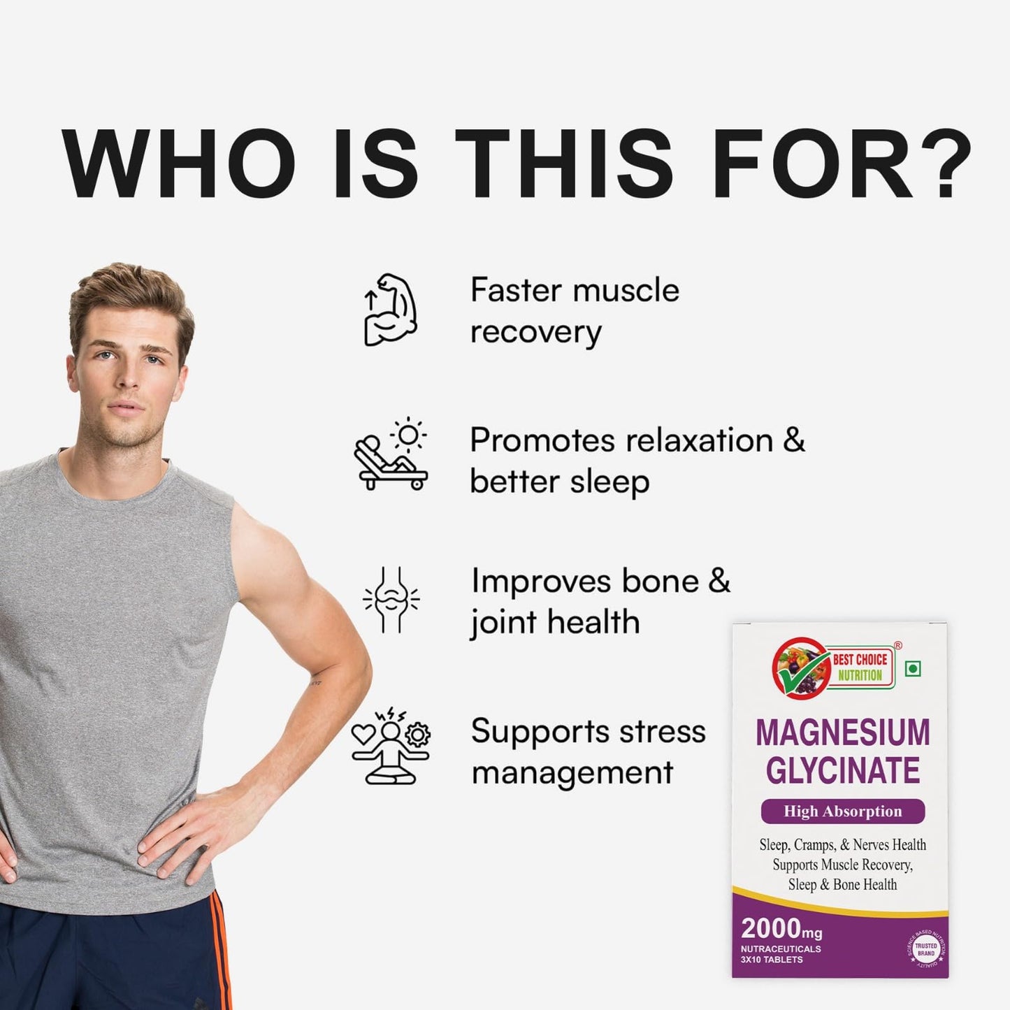 Best Choice Nutrition Magnesium Glycinate High Absorption, Supports Sleep, Cramps, Nerves, Muscle Recovery, Bone Health, Tablets (30 Tablets)