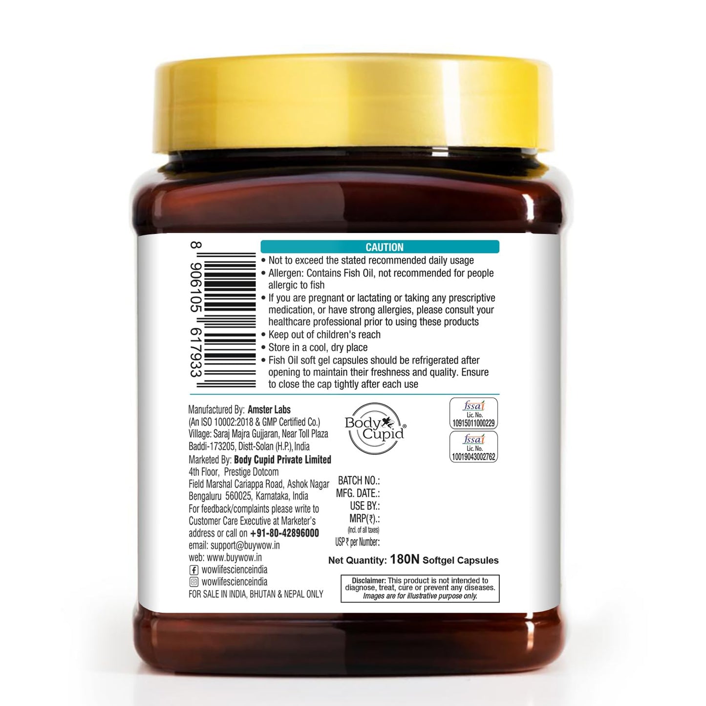 WOW Life Science Omega-3 Fish Oil 1300 mg Triple Strength - 550mg EPA & 350mg DHA for Joints, Heart & Brain Health - 180 Capsules