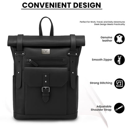 REDHORNS Urbane Pro Roll-Top Unisex Genuine Leather Backpack- 25L Backpack For Business, Office, Travel with Trolley Sleeve- Black