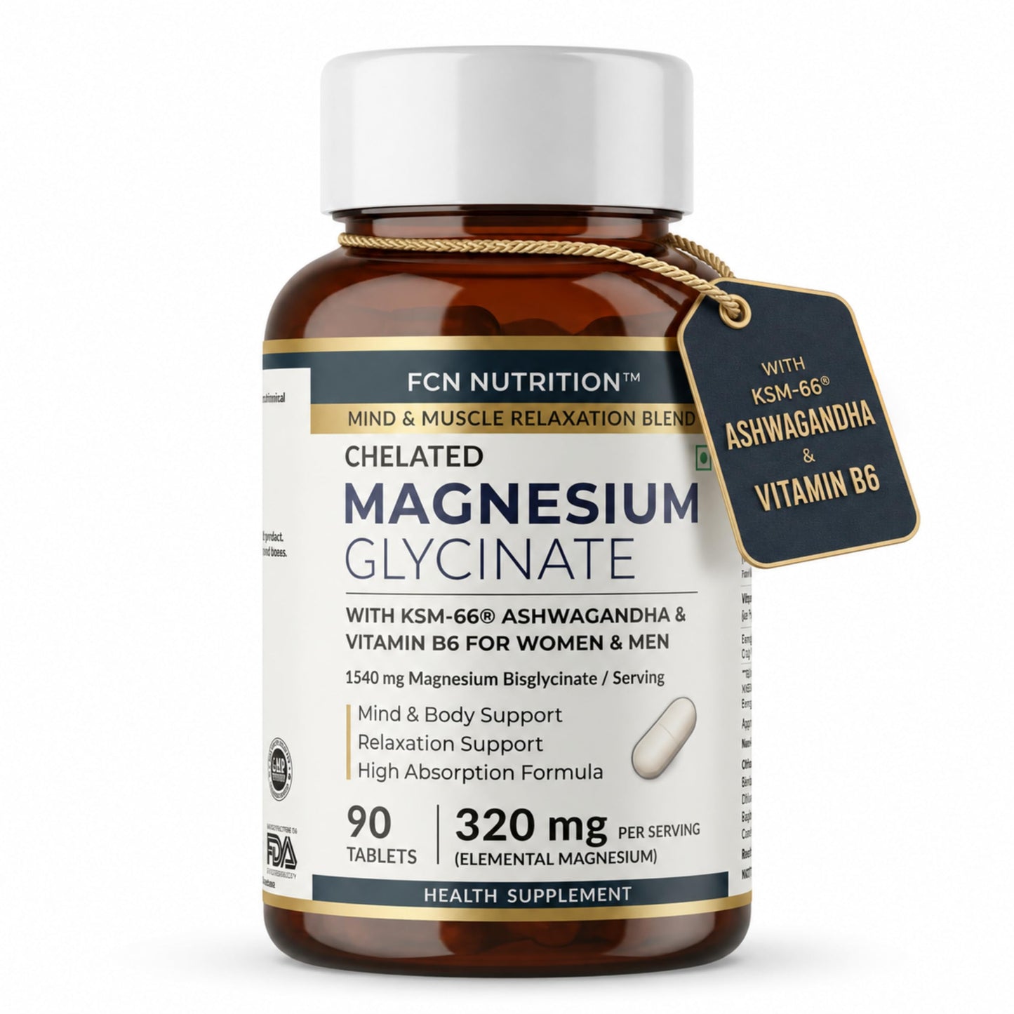 FCN - Magnesium Glycinate 320mg for Women & Men with KSM-66 Ashwagandha 300mg & B6 For Sleep, Muscle & Stress Support | 1540mg Magnesium Bisglycinate Chelate | Vegan, GMP-Certified | 90 Veg Tablets