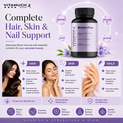 Vitamuch Biotin Plus Tablets with Zinc Iron Vitamins A C D3 E B12 Folic Acid | Hair Skin Nails Support Supplement | 60 Tablets