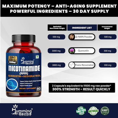 Humming Herbs NMN Nicotinamide Mononucleotide with Resveratrol & Quercetin | Supports Cellular Health, Boosts NAD+ Levels, Promotes Energy & Healthy Aging | Advanced Anti-Aging Formula 60 capsule