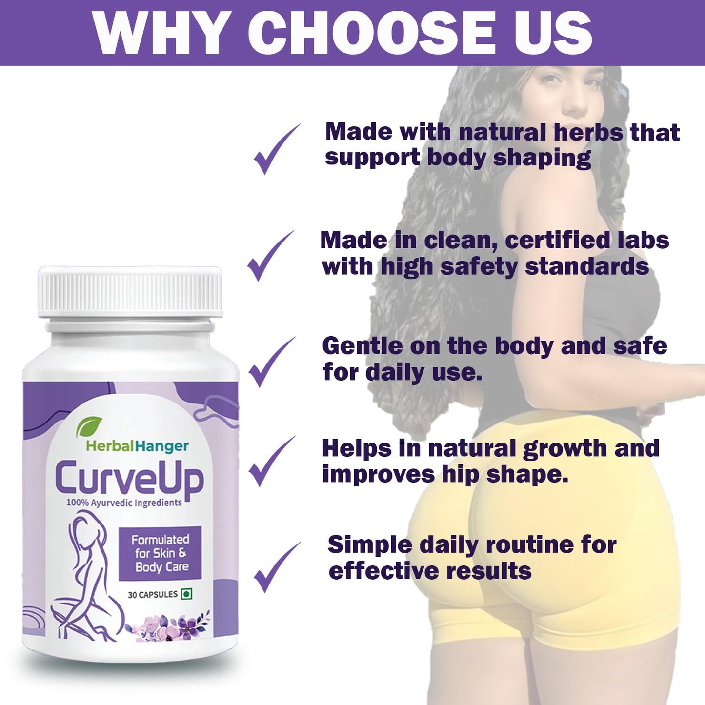 Herbal Hanger CurveUp Natural Hip Capsules, 30 Count, Ayurvedic Formula, 500mg Capsules with Jadhwar and Isabgol for Body Caree and Healthy Weight Supporrt