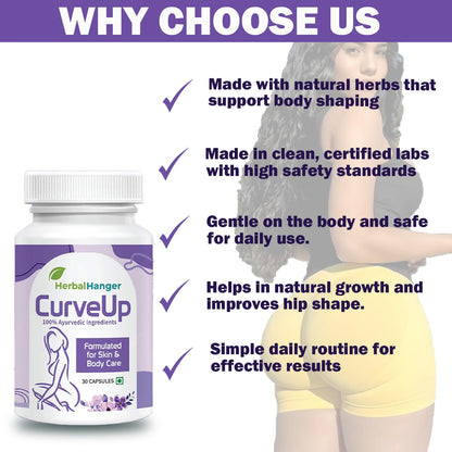 Herbal Hanger CurveUp Natural Hip Capsules, 30 Count, Ayurvedic Formula, 500mg Capsules with Jadhwar and Isabgol for Body Caree and Healthy Weight Supporrt