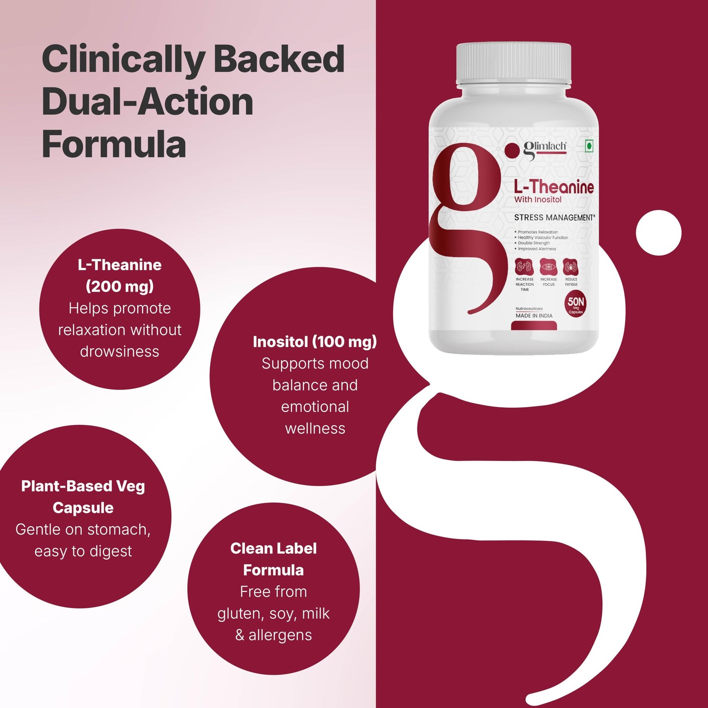 GLIMLACH L-Theanine 50 Capsules | Reduces anxiety & Stress | Promotes natural Relaxation, Restoration and Relief of Stress | L-Theanine Dietary Supplement Capsules