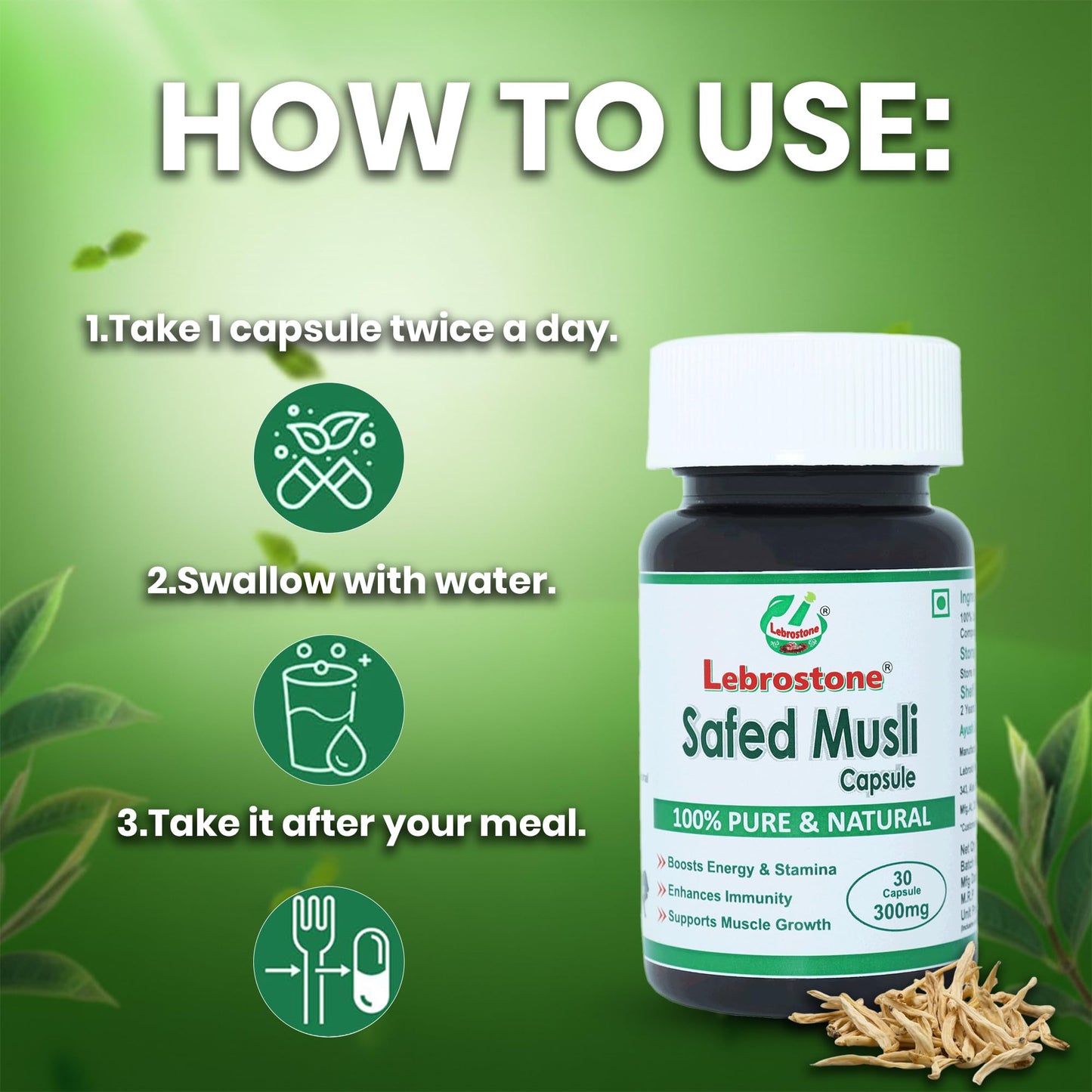 Lebrostone Safed Musli Capsules 30| Strength, Stamina & Vitality Support | Ayurvedic Energy Booster for Men & Women | Pure Herbal Supplement | 30 Veg Capsules