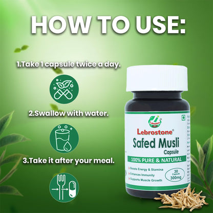 Lebrostone Safed Musli Capsules 30| Strength, Stamina & Vitality Support | Ayurvedic Energy Booster for Men & Women | Pure Herbal Supplement | 30 Veg Capsules
