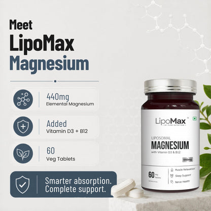 LipoMax Liposomal Magnesium Glycinate Supplement 440mg With Vitamin D3 & B12 | Magnesium Tablets For Muscle Relaxation, Sleep Support & Nerve Health - 60 Veg Tablets