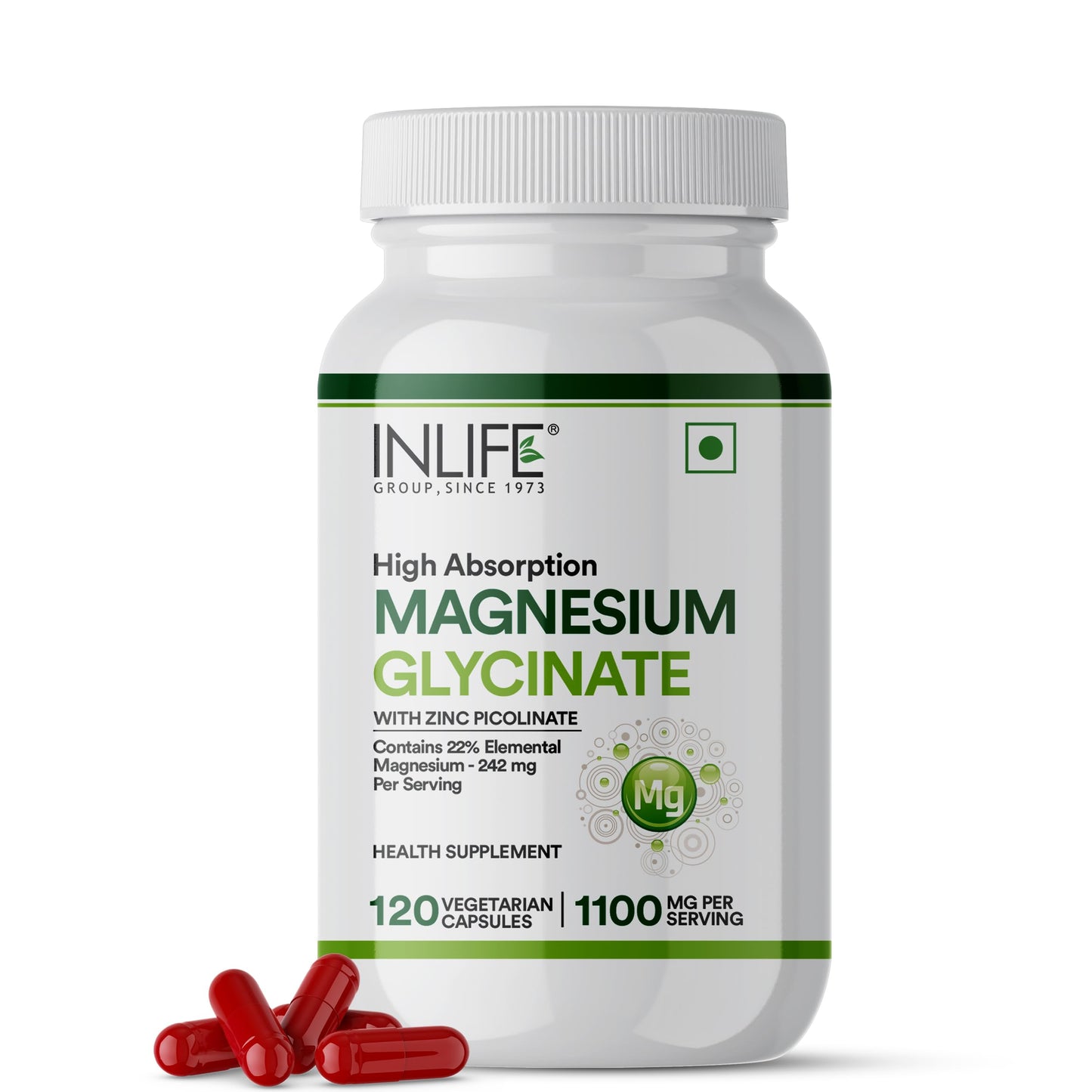 INLIFE Magnesium Glycinate Supplement 1100mg (Elemental Magnesium 242mg) with Zinc 10mg (as Zinc Picolinate) Per Serving, Relaxation & Healthy Muscle Function - 120 Capsules (Pack of 1, 120, count)