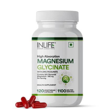 INLIFE Magnesium Glycinate Supplement 1100mg (Elemental Magnesium 242mg) with Zinc 10mg (as Zinc Picolinate) Per Serving, Relaxation & Healthy Muscle Function - 120 Capsules (Pack of 1, 120, count)