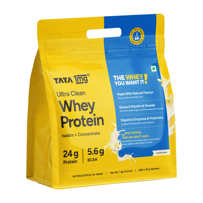 Tata 1mg Ultra Clean Whey Protein Isolate + Concentrate - Vanilla Bean 1kg | 24g Protein, 5.6g BCAA & 30B CFU Probiotics-28 Sachets