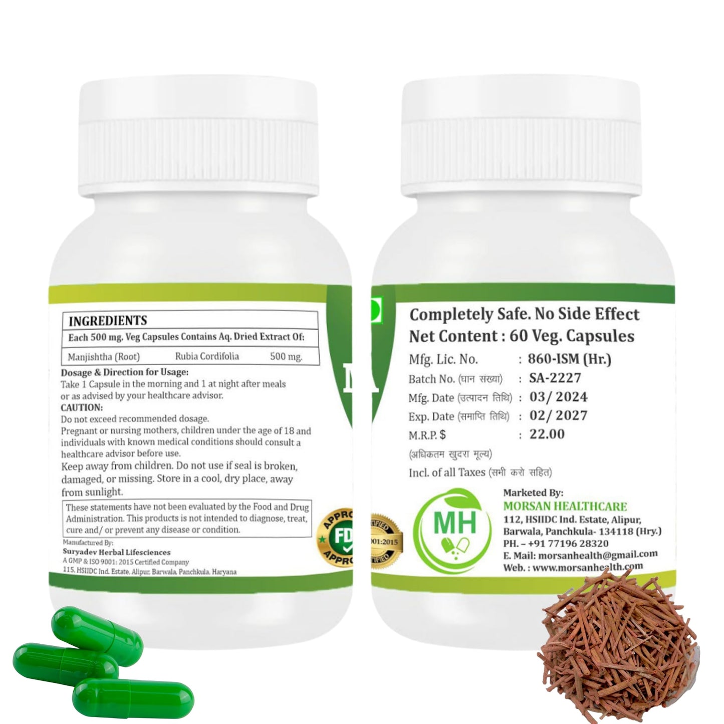 Morsan Healthcare MANJISTHA Capsules – 60 Veg Capsules | Rubia Cordifolia Extract | Natural Ayurvedic Supplement | Plant-Based Herbal Formula | Pack of 2
