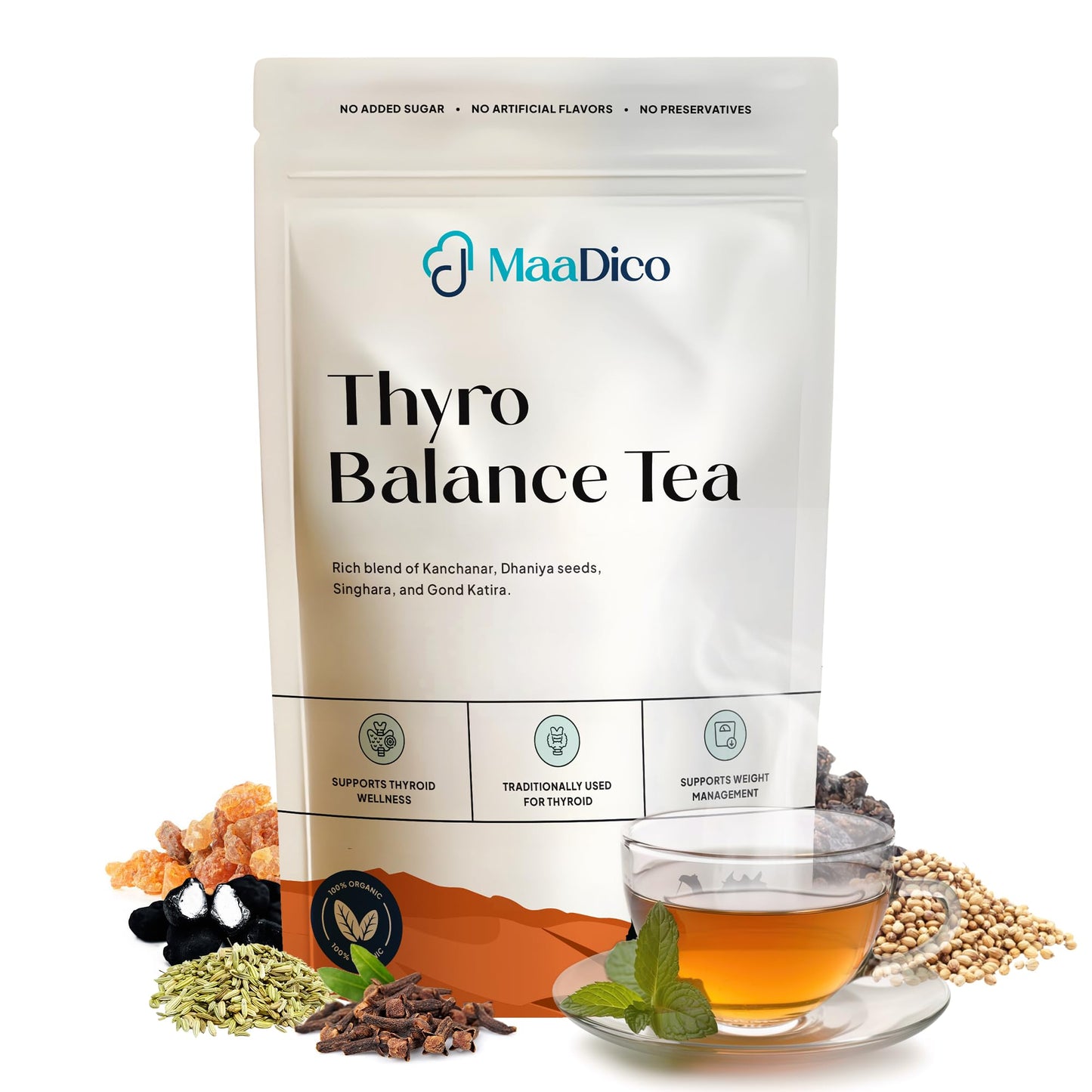 Maadico ThyroBalance Tea 200 Gms | Ayurvedic Herbal Blend for Thyroid & Metabolic Wellness Support | Supports Thyroid Health | No Added Sugar, Artificial Flavours & Preservatives