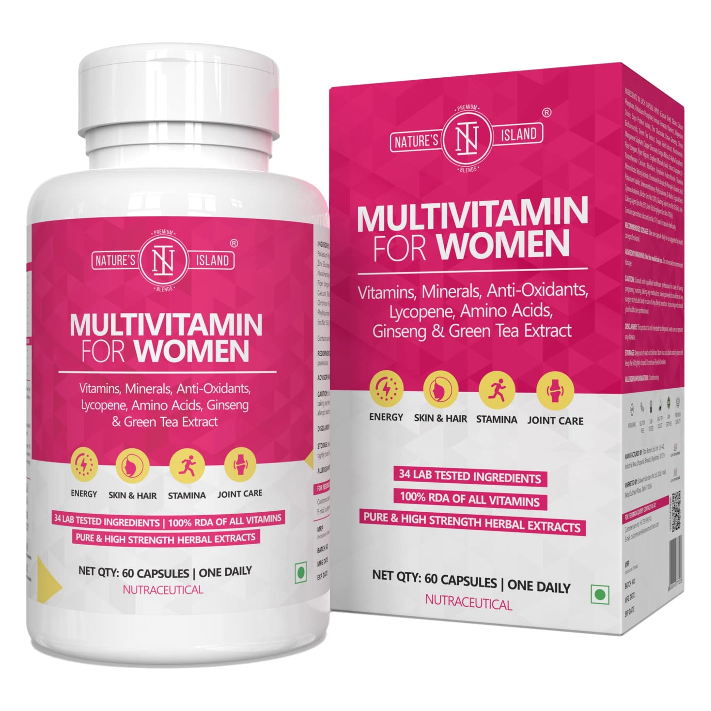 Nature's Island Multivitamin For Women, 60 Capsules - 100% RDA of all Vitamins, With Zinc, Vitamin C & D3, Calcium, Multi-minerals etc| Enhances Energy, Skin & Hair Support, Stamina & Joint Health