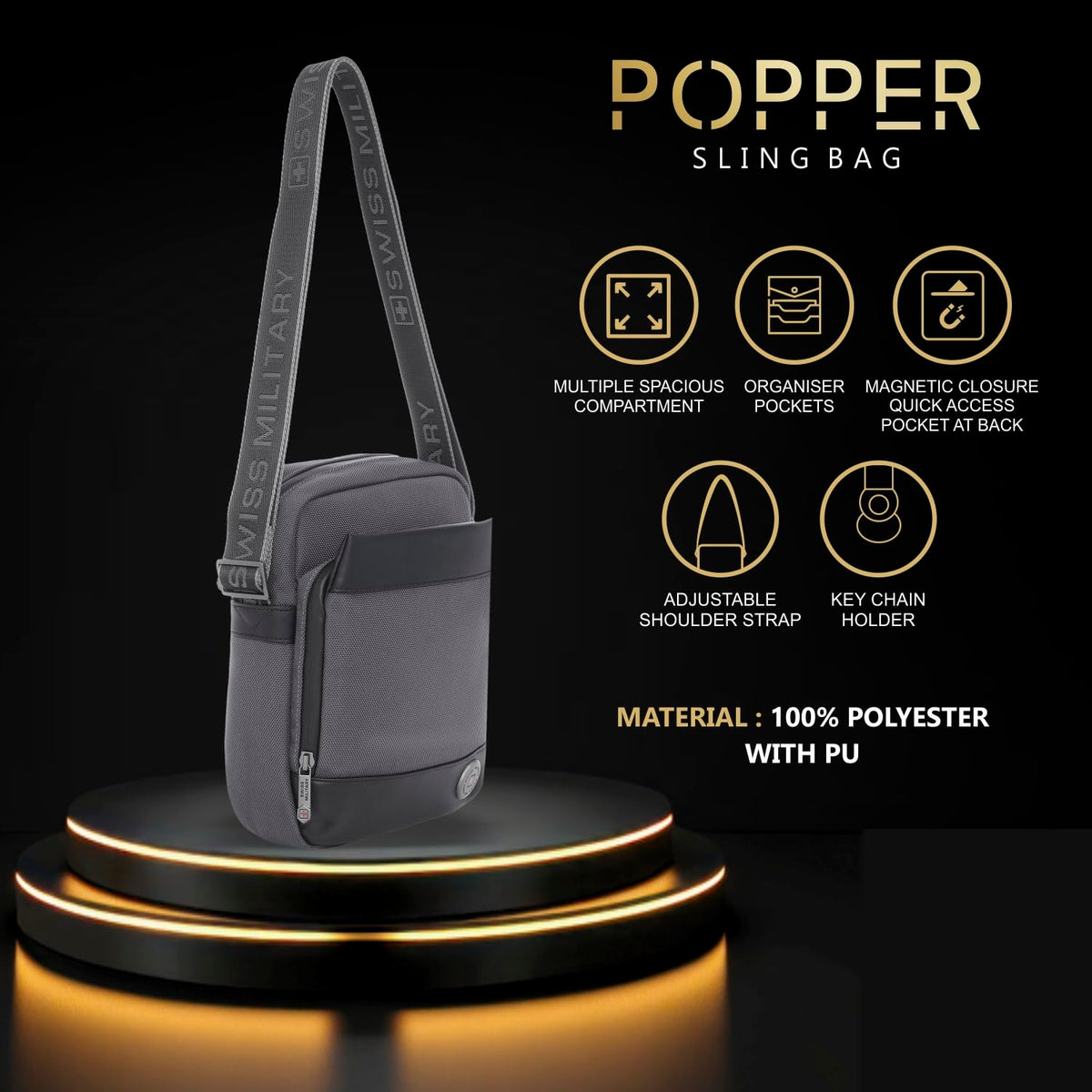 SWISS MILITARY Popper Sling Bag 5L | Cross Body Side Bag with Buckle Closure | Anti Theft Chest Bag | Easy to Carry Bag for Men & Women | Mini Travel Bag for Phone Passport Wallet Key and Earbuds Grey