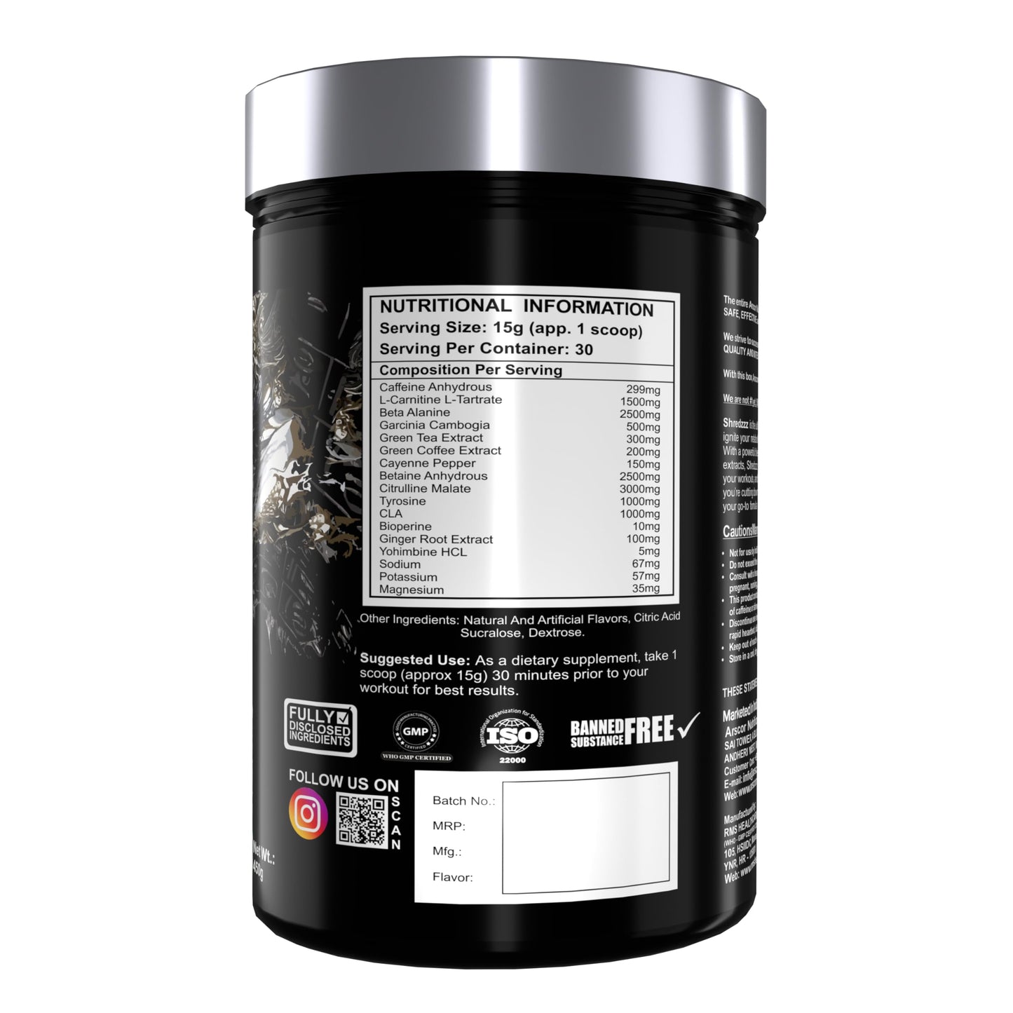 Shredzzz Thermogenic Fat Burner Pre-Workout Supplement | Extreme Energy, Intense Focus | 3000mg Citrulline Malate, 2500mg Beta-Alanine, 299mg Caffeine Anhydrous | 450g | Lemon Masala