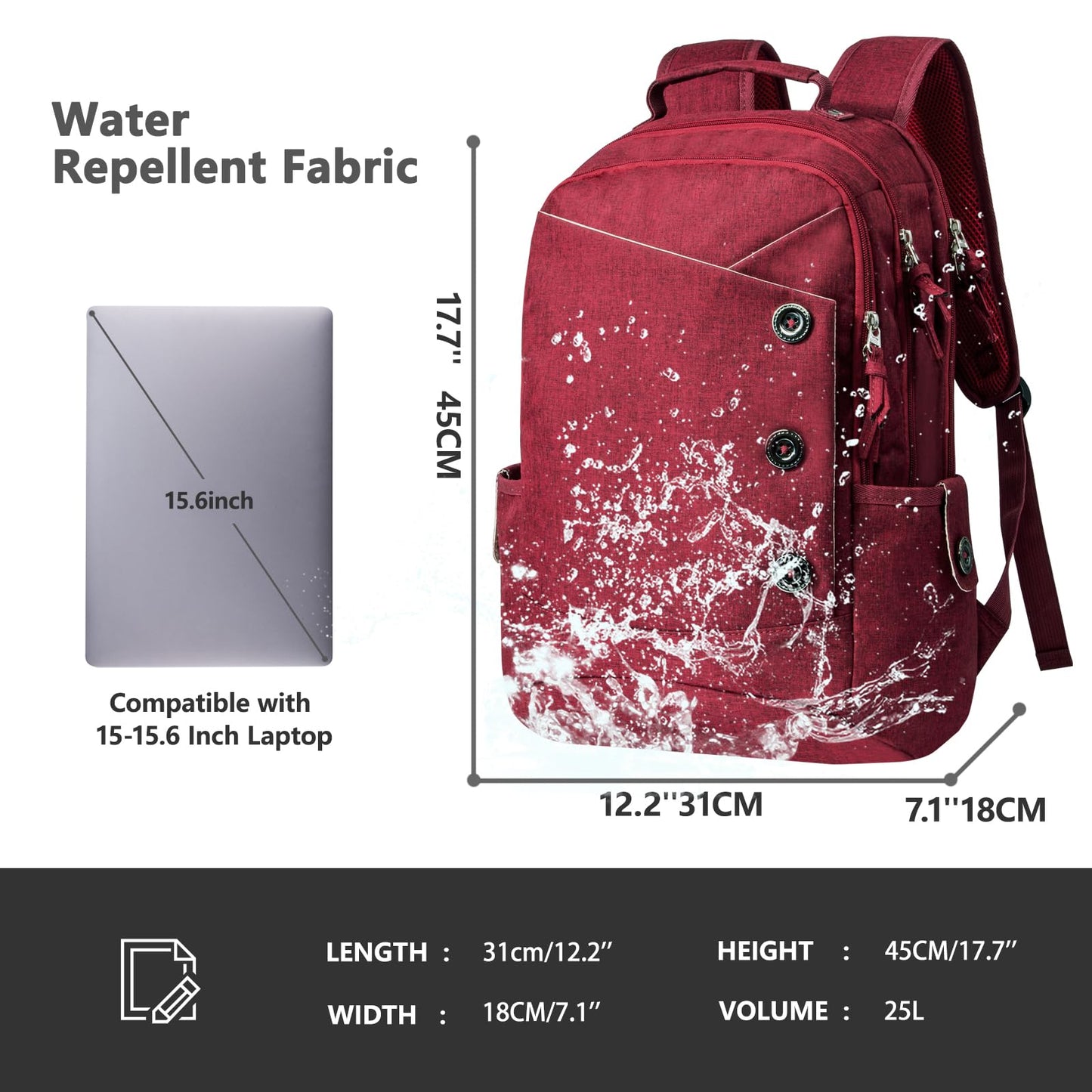 Kingslong 15.6 Inch Laptop Backpack Durable Linen Large Capacity Casual Daypack (red)