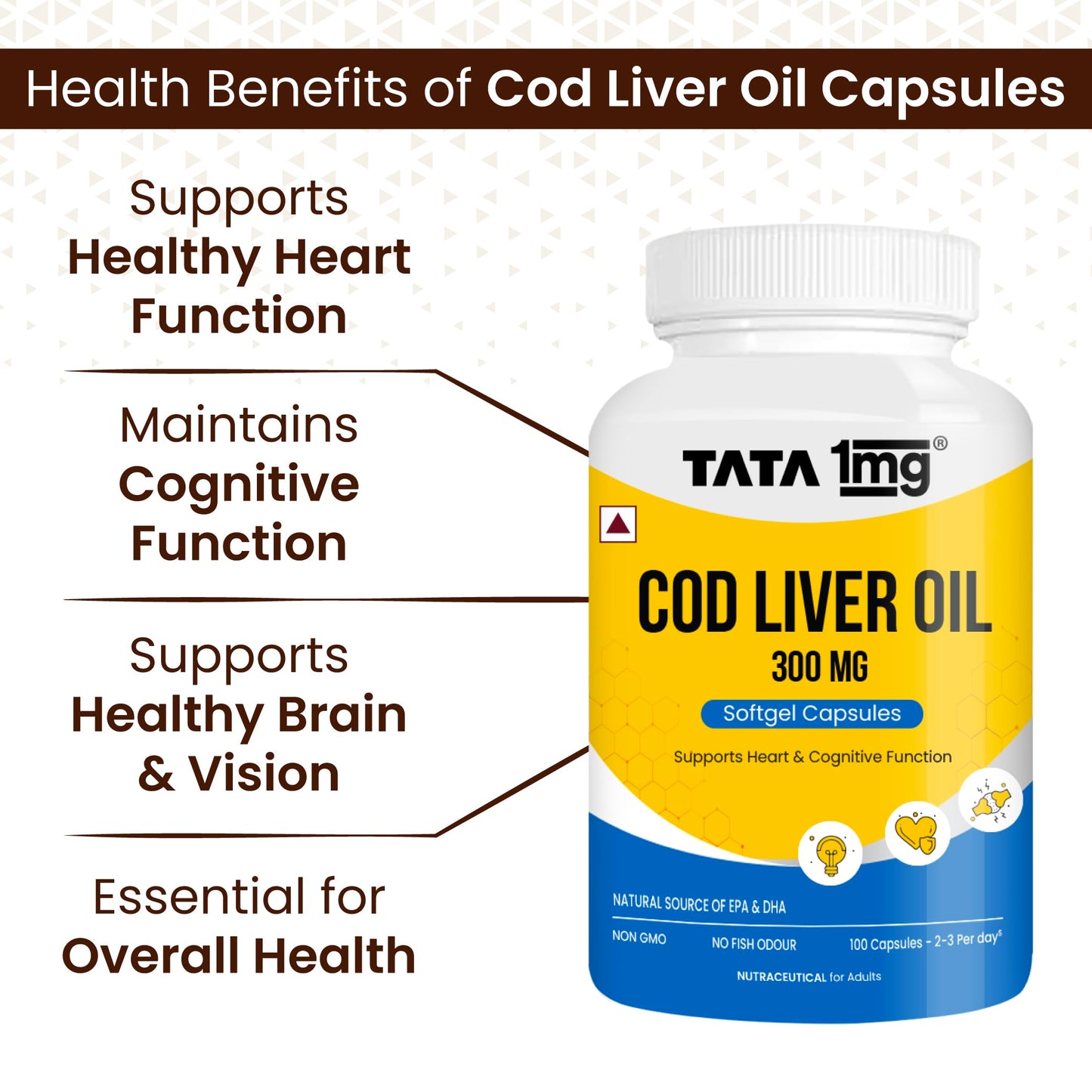 1MG Tata Cod Liver Oil Supplement with Omega 3,Vitamin A and D - 100 Capsules | Supports Heart, Brain, Joint and Vision Health | Fish Oil for Women & Men | No Fish Odour & Non-GMO