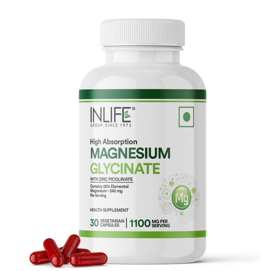 INLIFE Magnesium Glycinate Supplement 1100mg (Elemental Magnesium 242mg) with Zinc 10mg (as Zinc Picolinate) Per Serving, Relaxation & Healthy Muscle Function - 30 Capsules (Pack of 1, 30, count)