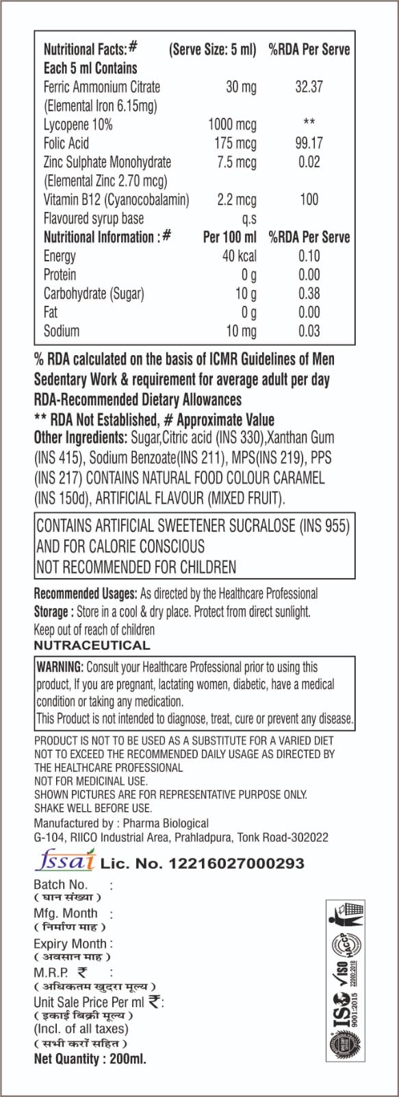 CHAHAK Iron Syrup with Folic Acid & Vitamin B12 – Hemoglobin Booster Syrup for Anemia, Fatigue & Weakness – Iron, Lycopene & Zinc Health Tonic – Mixed Fruit Flavour – 200 ml (Pack of 2)