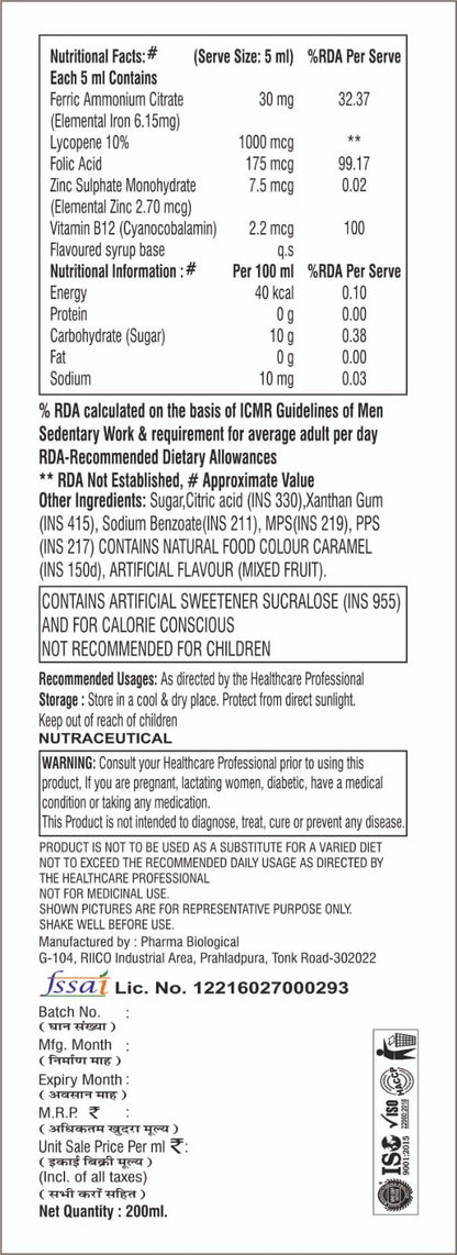 CHAHAK Iron Syrup with Folic Acid & Vitamin B12 – Hemoglobin Booster Syrup for Anemia, Fatigue & Weakness – Iron, Lycopene & Zinc Health Tonic – Mixed Fruit Flavour – 200 ml (Pack of 2)