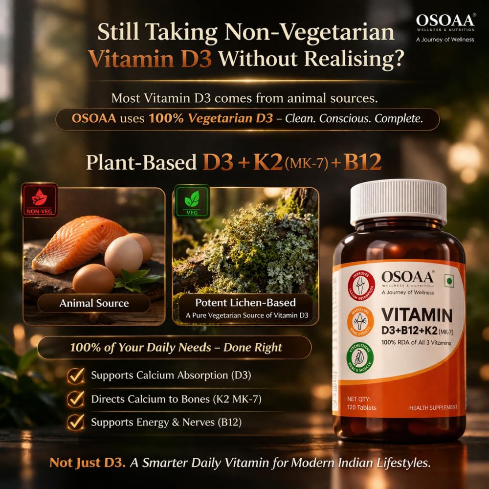 OSOAA Vitamin D3 K2 MK7 Supplement - 60 Tablets | Vitamin D3 (600 IU) | Promotes Calcium Absorption, Bone Health, Muscle Strength & Immunity | Plant Based- Lichen Source