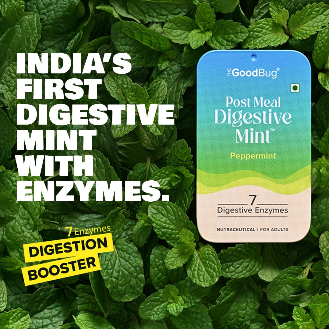 The Good Bug Post Meal Digestive Mints – Peppermint | Post Meal Digestion Booster | 7 Digestive Enzymes | Helps Reduce Post-Meal Heaviness, Bloating, Acidity & Discomfort | No Added Sugar | 28 Mints (14 x 2 Packs) (Pack Of 2, Peppermint)