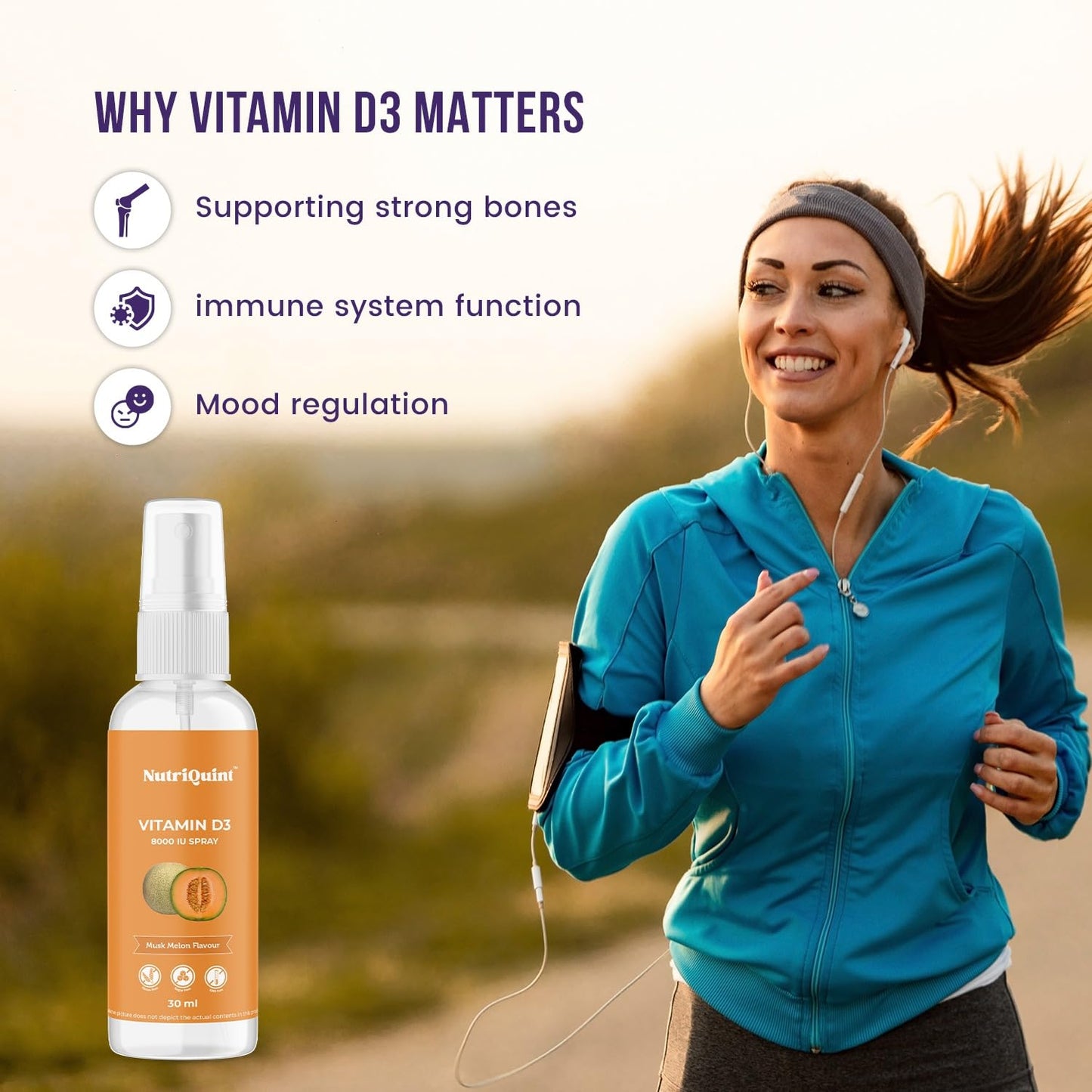 NutriQuint Vitamin D3 Supplement 600 IU Spray, 30ml | Vitamin D3 Booster Oral Spray | 100% Vegetarian | Sugar and Gluten Free | Immunity Booster