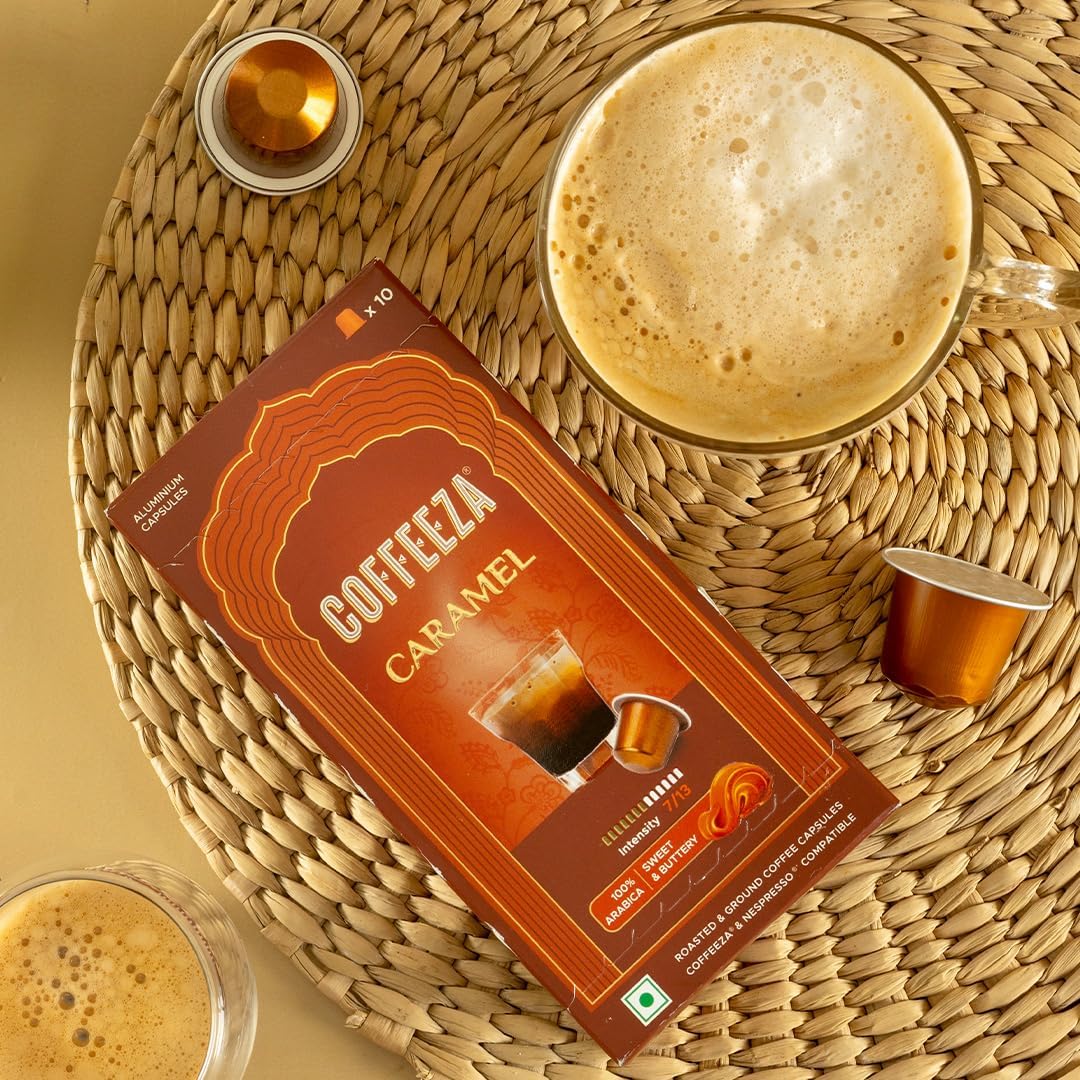 Coffeeza Caramel Flavoured Coffee Capsules, Intensity -7 | Aluminium Coffee Pods | 100% Arabica | Box of 1 (10 Capsules) | Brew Cold/Hot