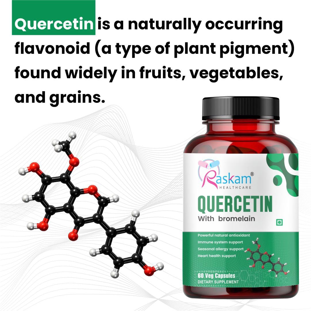 Raskam Quercetin with Bromelain Capsules | Immune & Respiratory Support | Powerful Antioxidant Formula | Promotes Cardiovascular & Joint Wellness | 60 Veg Capsules
