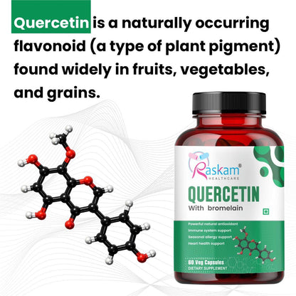 Raskam Quercetin with Bromelain Capsules | Immune & Respiratory Support | Powerful Antioxidant Formula | Promotes Cardiovascular & Joint Wellness | 60 Veg Capsules