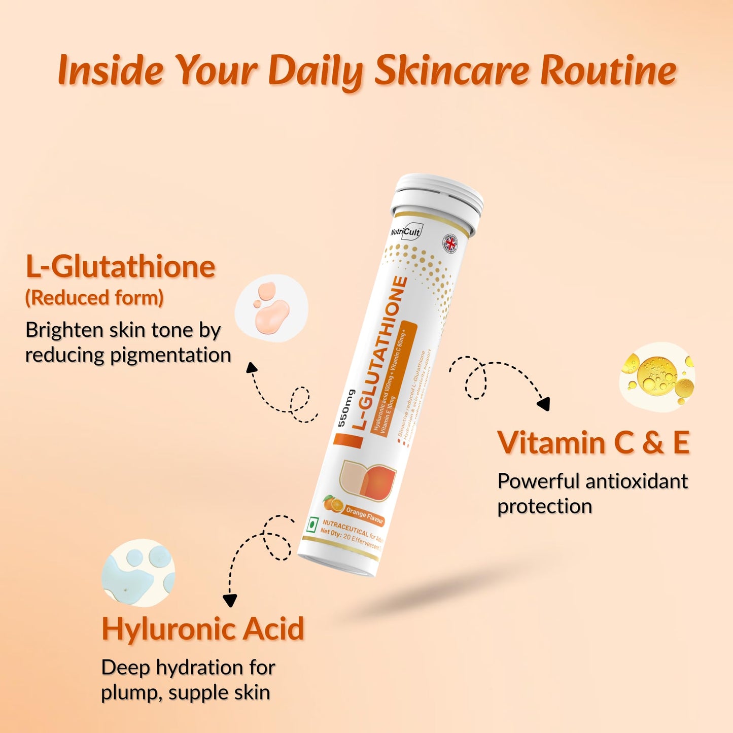 Nutricult L-Glutathione 550mg - 20 Effervescent Tablets Glutathione Effervescent Tablets for Glowing Skin with Hyaluronic Acid Vitamin C & Vitamin E | Skin Glow Supplement For Clear Skin | Watermelon