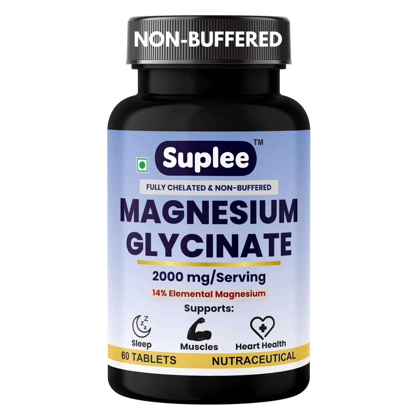 Suplee Magnesium Glycinate 2000mg per Serving | Fully Chelated Non-Buffered Bisglycinate (282mg Elemental Yield) | Supports Deep Sleep, Muscle Recovery & Heart Health | Gentle on Stomach | 60 Vegetarian Tablets